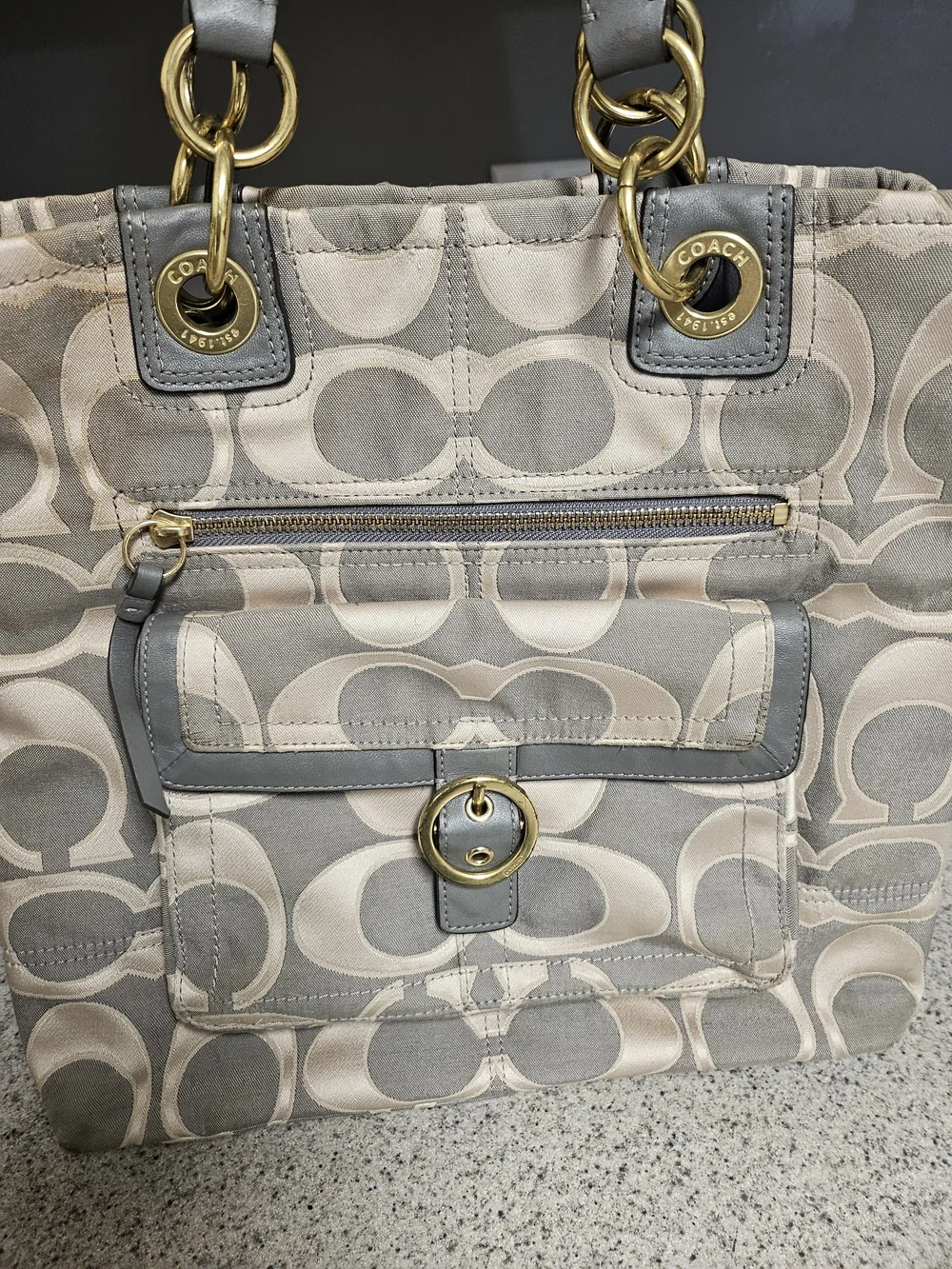 Coach Beige & Gray Signature Tote with Gold Hardware